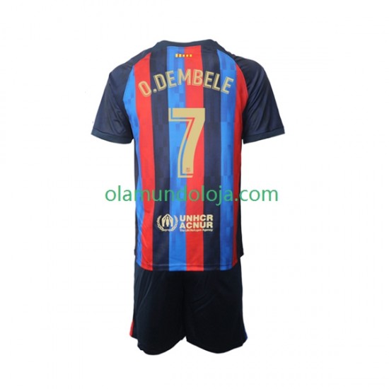 Camisola FC Barcelona Ousmane Dembele 7 Criança Equipamento Primeiro 2022-2023 Manga Curta